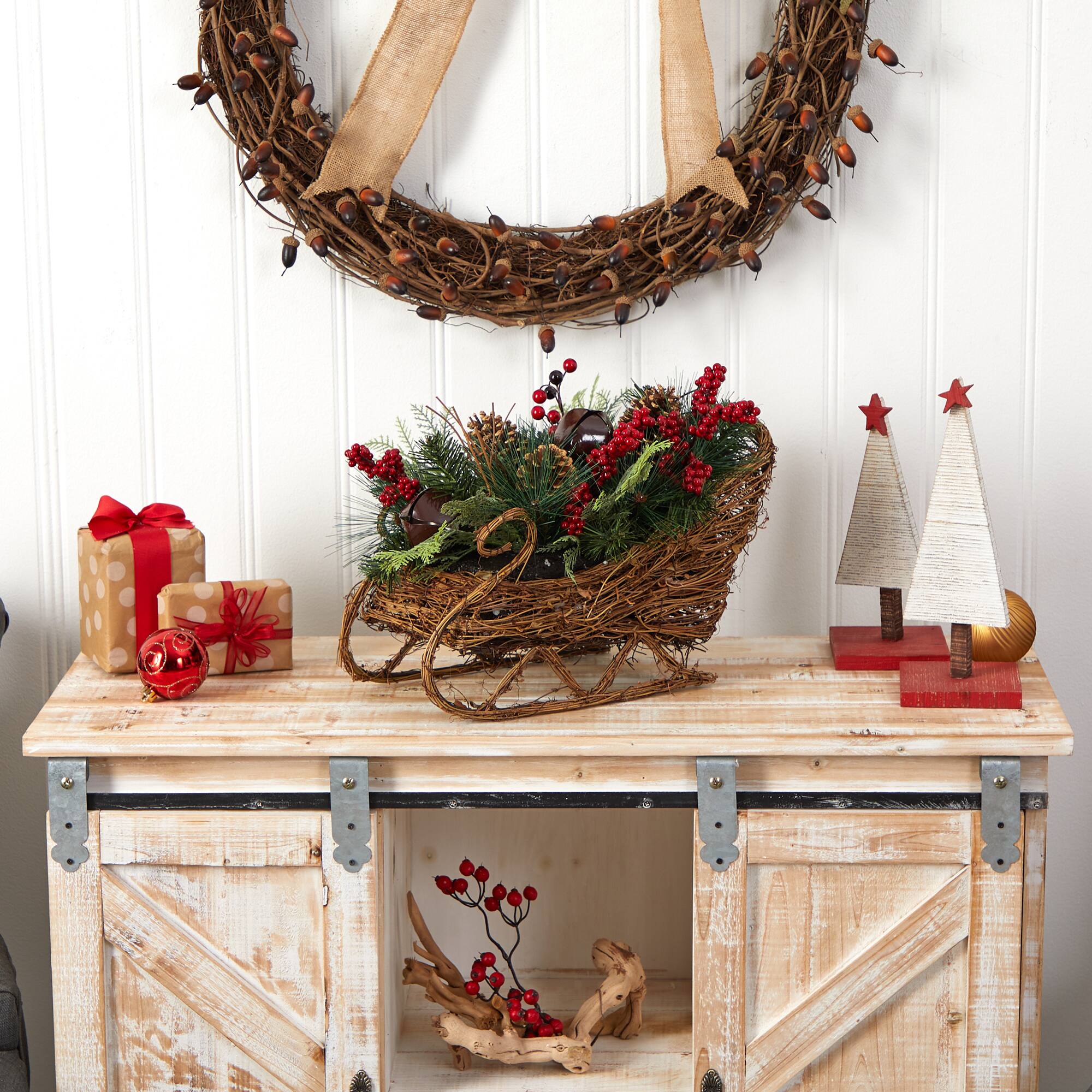 18" Sleigh Pinecones & Berries Artificial Christmas Arrangement
